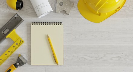 3D Construction Tools With Notebook and Pencil on Desk