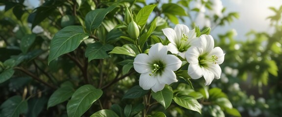 Obraz premium White flower on green pepper bush symbolizing growth and renewal in spring, environment, symbolism, new beginnings, vitality
