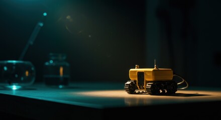 Miniature robotic rover on a reflective surface under dramatic lighting and dark background