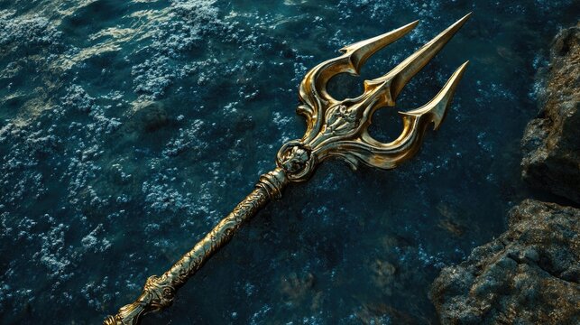 Golden Trident Lies In Deep, Blue Sea With Sunlight Reflection. Ancient Underwater Treasure On A Rocky Seabed.