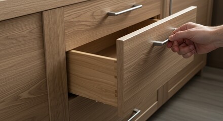 Photo of Hand Opening Wooden Drawer in Modern Oak Cabinet
