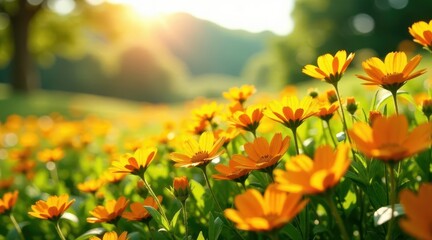 Obraz premium Golden flowers bathed in sunlight, a vibrant meadow scene showcasing the beauty of nature's artistry