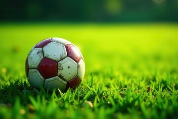 Fototapeta premium A well-worn soccer ball rests peacefully on a vibrant green field, bathed in the warm glow of sunlight.