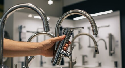 Obraz premium Photo of Hand Selecting a Chrome Faucet in Kitchen Fixture Store