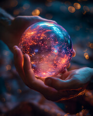 Hands holding a glowing orb of light, with galaxies and nebulas forming inside