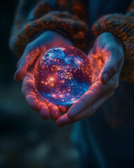 Hands holding a glowing orb of light, with galaxies and nebulas forming inside