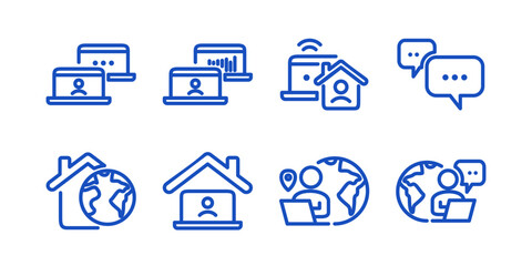 Remote Work Line Icons . Freelancer Work from Home, Video Call, Online Meeting, Teleconference Vector Set