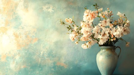 Elegant white blossoms cascade from a speckled blue vase, creating a tranquil, artistic tableau