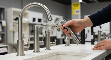 Photo of Hand Testing Brushed Nickel Faucet in Kitchen Showroom