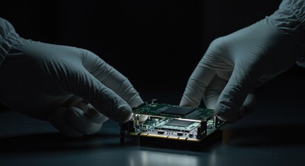 Examination of intricate circuit board with gloved hands under soft lighting