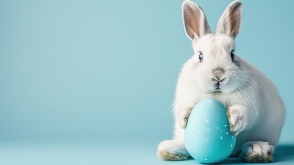 Obraz premium White rabbit holding a light blue egg