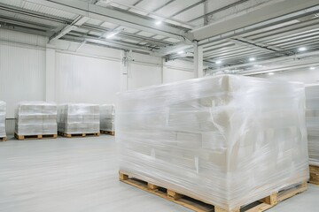 A palette of large, silver chrome rectangular electrical components wrapped in plastic film is stacked on top of each other inside an industrial warehouse with high ceilings and white walls