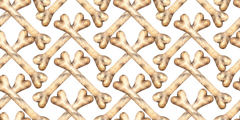 Human bone watercolor illustration. Evil, creepy, horrible. Day of the dead, Halloween, Dia de los muertos. Isolated from the background. Perfect for medical, educational or themed designs. Pattern