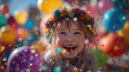 A joyful child in a flower crown with balloons and confetti, celebrating International Children's Day with pure happiness.