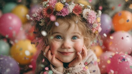 Fototapeta premium A joyful child in a flower crown with balloons and confetti, celebrating International Children's Day with pure happiness.