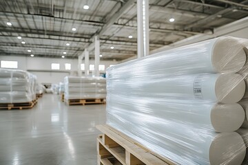 A palette of large, silver chrome rectangular electrical components wrapped in plastic film is stacked on top of each other inside an industrial warehouse with high ceilings and white walls
