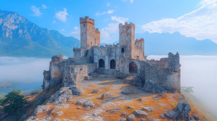 Majestic ruins of a medieval fortress perched atop a misty mountain.
