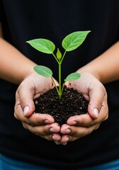Photo of Hands Holding a Young Plant with Soil