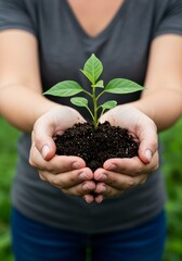 Photo of Hands Holding a Young Plant with Soil