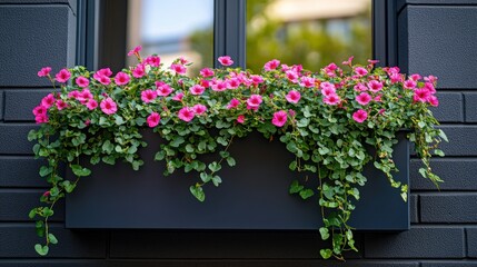 Fototapeta premium Pink flowers cascading from a dark planter box