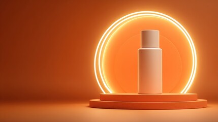 Empty cosmetic bottle on podium, lit by neon rings