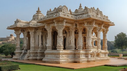 Obraz premium Ornate, light-colored temple structure in a lush garden setting.