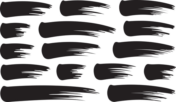 A set of twelve stylized, black paint brushstrokes on a clean white background.
