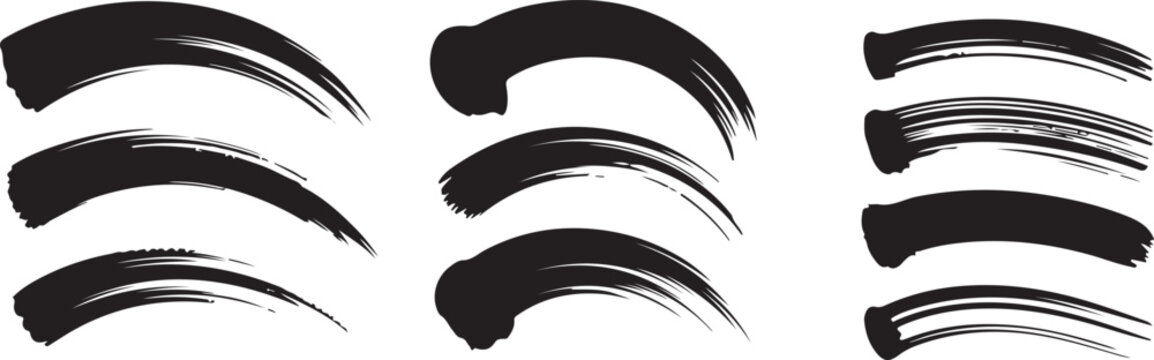 A collection of stylized, black brush strokes in various overlapping arcs. on white background