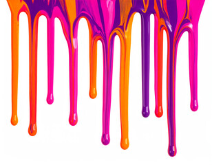 Naklejka premium Vibrant paint drips in shades of pink, orange, and purple create an artistic splash effect against a clean white background