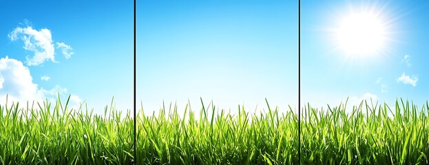 Sunny day, green grass, blue sky. Nature background