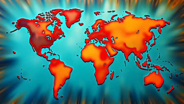 Energetic depiction of world map with vibrant orange continents and turquoise oceans, creating an abstract representation of global connectivity and diversity - Powered by Adobe