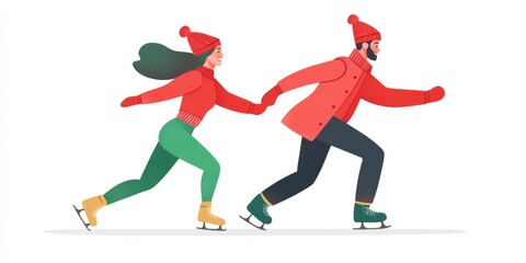 Illustration of a couple in warm winter clothing skating together hand in hand, expressing joy and holiday spirit 