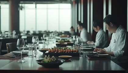Modern restaurant scene with chefs