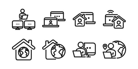 Remote Work Line Icons . Freelancer Work from Home, Video Call, Online Meeting, Teleconference Vector Set