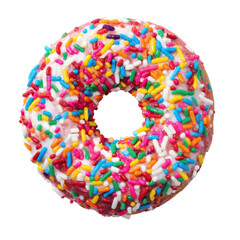 Colorful sprinkles adorn a delightful donut treat isolated on transparent or white background. A high resolution PNG image of Colorful sprinkles adorn a delightful donut treat.