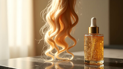 Naklejka premium Ethereal beauty concept showcasing vibrant blonde hair strands artfully styled alongside a luxurious hair serum bottle promising gentle care and radiance