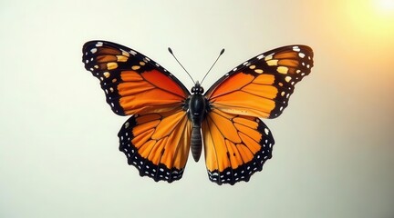 Obraz premium A vibrant orange butterfly with black and white markings, wings spread wide, bathed in a soft, warm light, a symbol of transformation and beauty.