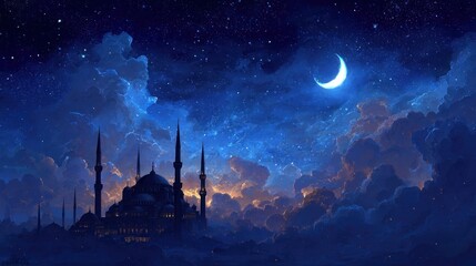 Mystical night view of a mosque under a starry sky