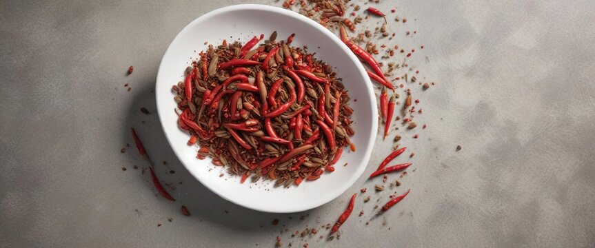 White plate with whole and ground chili peppers, red pepper flakes, and cumin seeds, culinary, cooking, Mexican cuisine, ingredients, spicy