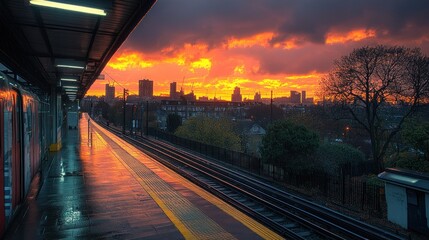 Cityscape urban railway platform at dramatic sunset.