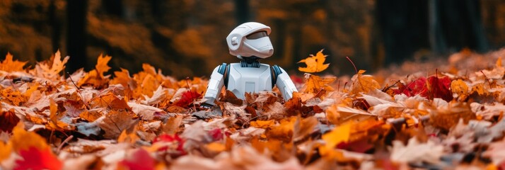 Robot in autumn: a futuristic robot stands amid vibrant fall foliage in a scenic landscape creating a contrast between technology and nature in a colorful background 
