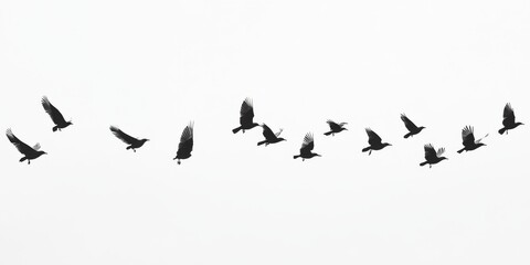 A flock of birds gracefully flying in a perfect row against a serene white background, creating a beautiful monochrome image