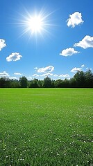 Sunny meadow, blue sky, green grass