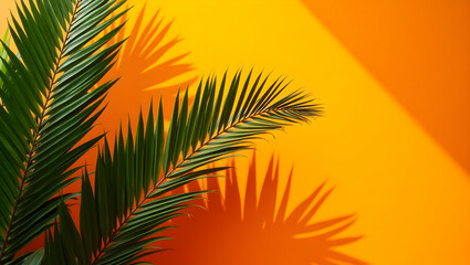 Obraz premium Exotic Palm Leaves on Vibrant Orange Backdrop, A Tropical Paradise of Gentle Fronds and Sun-Kissed Shadows Evoking Summer Serenity and Natural Beauty