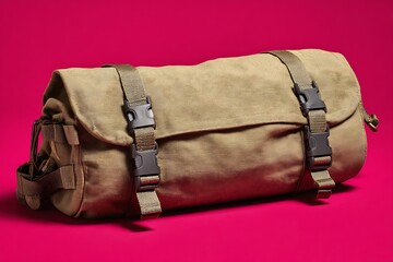 Khaki travel bag on pink background