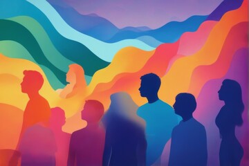 Vibrantly colored wave background with silhouetted group of diverse people  lively and energetic atmosphere with gradient effects.