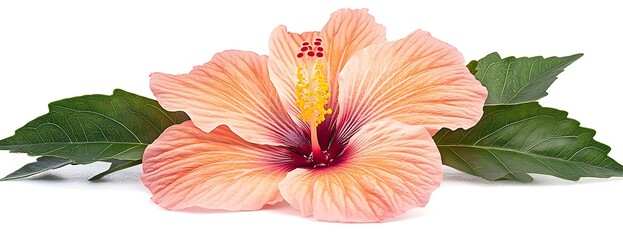 Peach hibiscus flower, leaves, white background