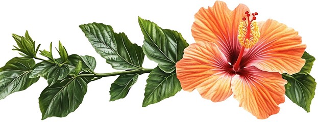 Peach hibiscus branch, isolated. Floral design