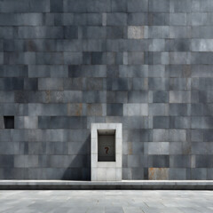 bright photograph of a dark grey stone wall with a simple white sign displaying a question mark next to a boarded-up window, creating a sense of mystery and abandonment,