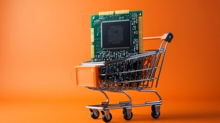 Retail technology innovation concept: microchip in shopping cart on orange background illustrating the future of ecommerce highlighting technological advancement 